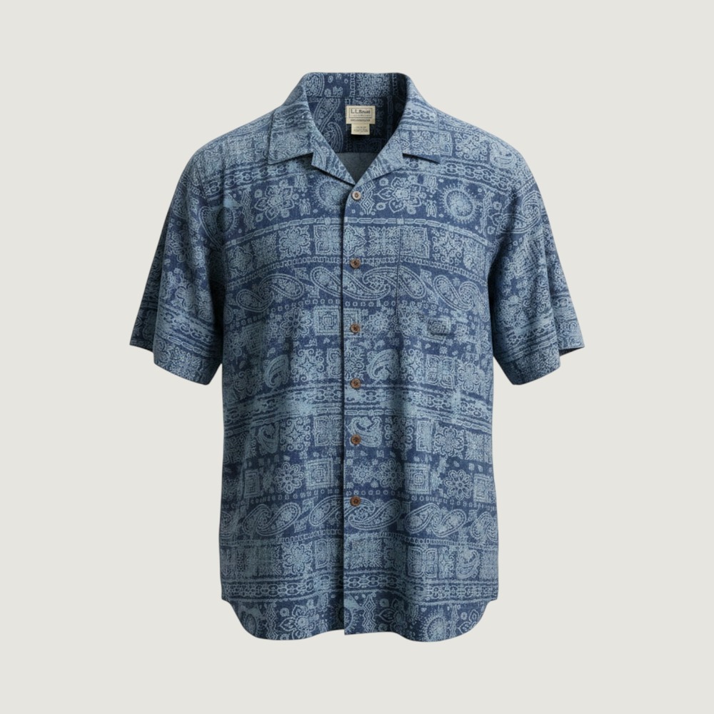 LL Bean Mens Blue Paisley Cotton Short Sleeve Button Down Shirt‎ Large Tall